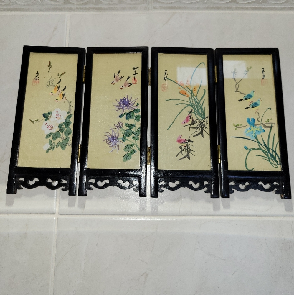 Vintage Chinese 4 Panel Mini Screen Artist Hand Painted Silk Lacquer Wood Glass - Picture 13 of 13